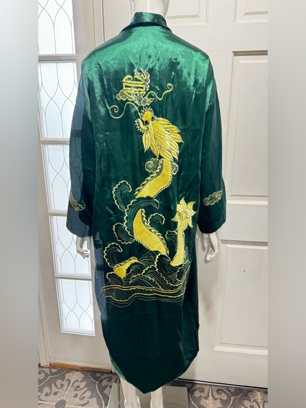 Emerald Green Satin Long Robe with Golden Embroidered Dragon Size Small P-11